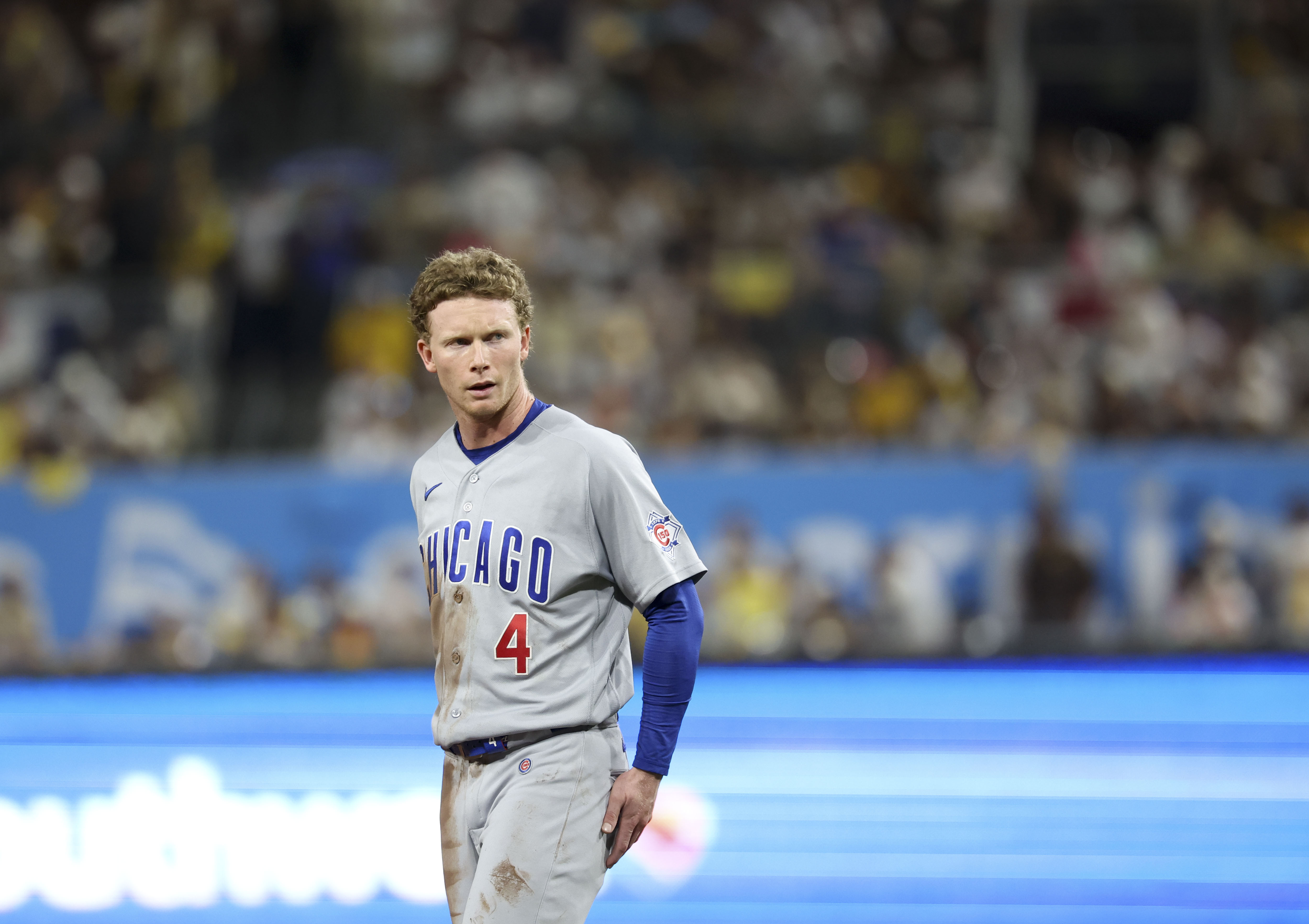 Cubs center fielder Pete Crow-Armstrong walks off the field after being stranded on base in the third inning against the Padres in Game 1 of their wild-card series on Sept. 29, 2026, in San Diego. (Brian Cassella/Chicago Tribune)