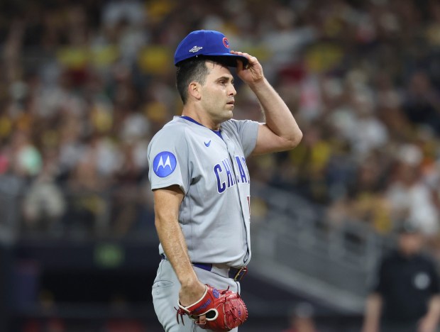 Cubs pitcher Matthew Boyd struggles against the Padres i the third inning in Game 1 of their wild-card series on Sept. 29, 2026, in San Diego. (Brian Cassella/Chicago Tribune)