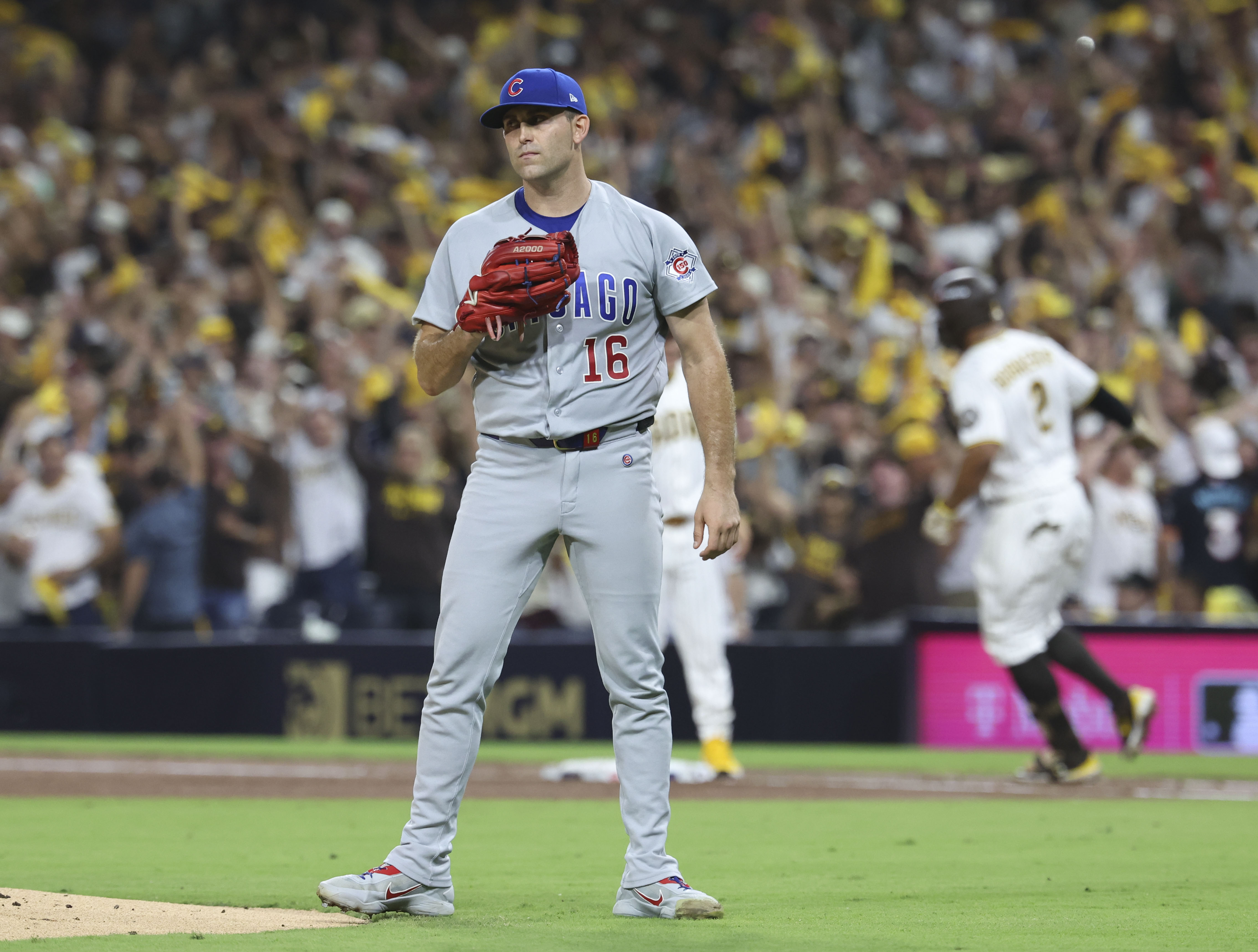 Cubs pitcher Matthew Boyd reacts while Padres shortstop Xander Bogaerts rounds the bases with a home run in the fourth inning in Game 1 of their wild-card series on Sept. 29, 2026, in San Diego. (Brian Cassella/Chicago Tribune)