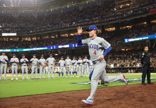 Cubs center fielder Pete Crow-Armstrong is introduced for Game 1 of their wild-card series on Sept. 29, 2026, in San Diego. (Brian Cassella/Chicago Tribune)