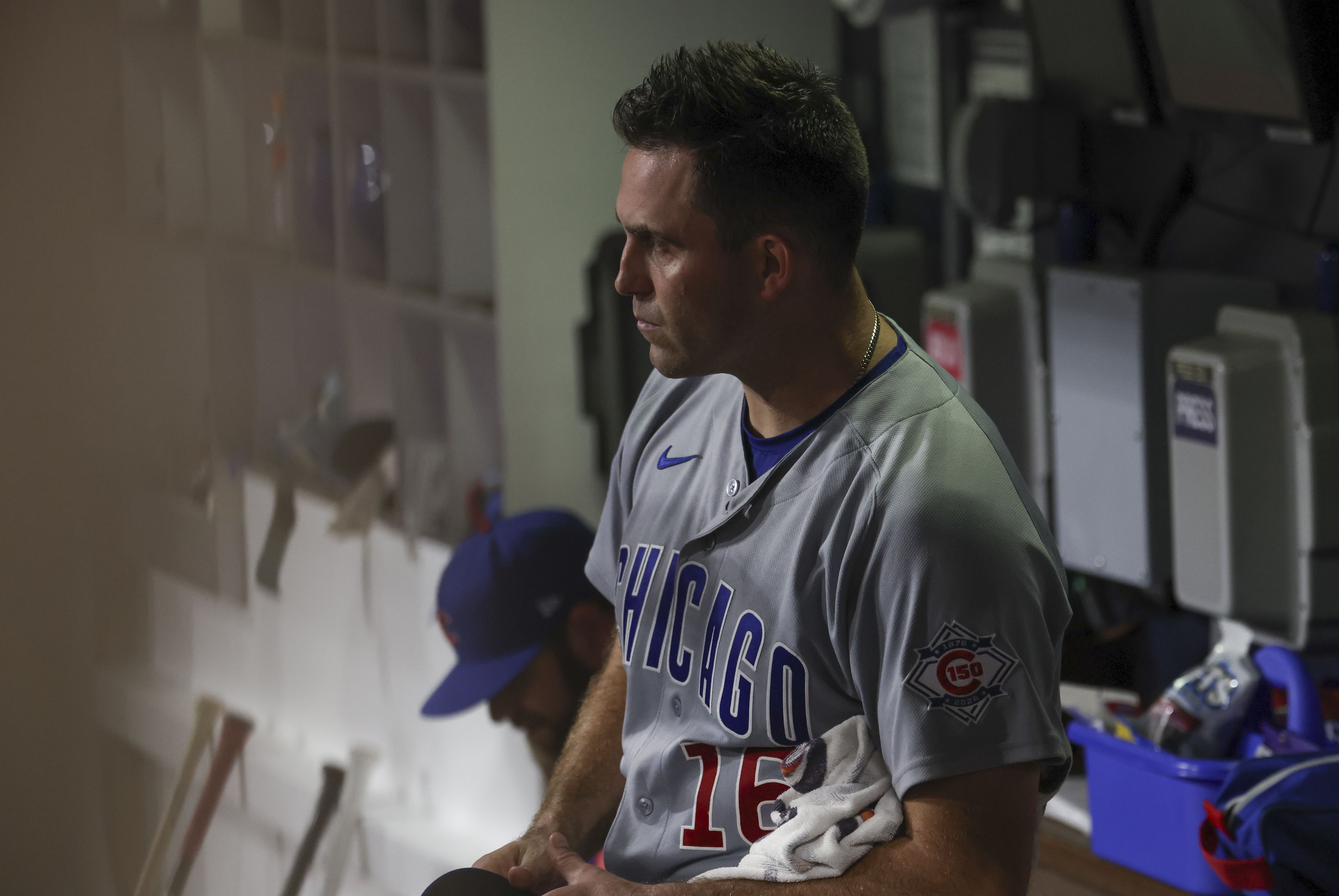 Cubs pitcher Matthew Boyd stands in the dugout after being pulled from the game after the fourth inning against the Padres in Game 1 of their wild-card series on Sept. 29, 2026, in San Diego. (Brian Cassella/Chicago Tribune)