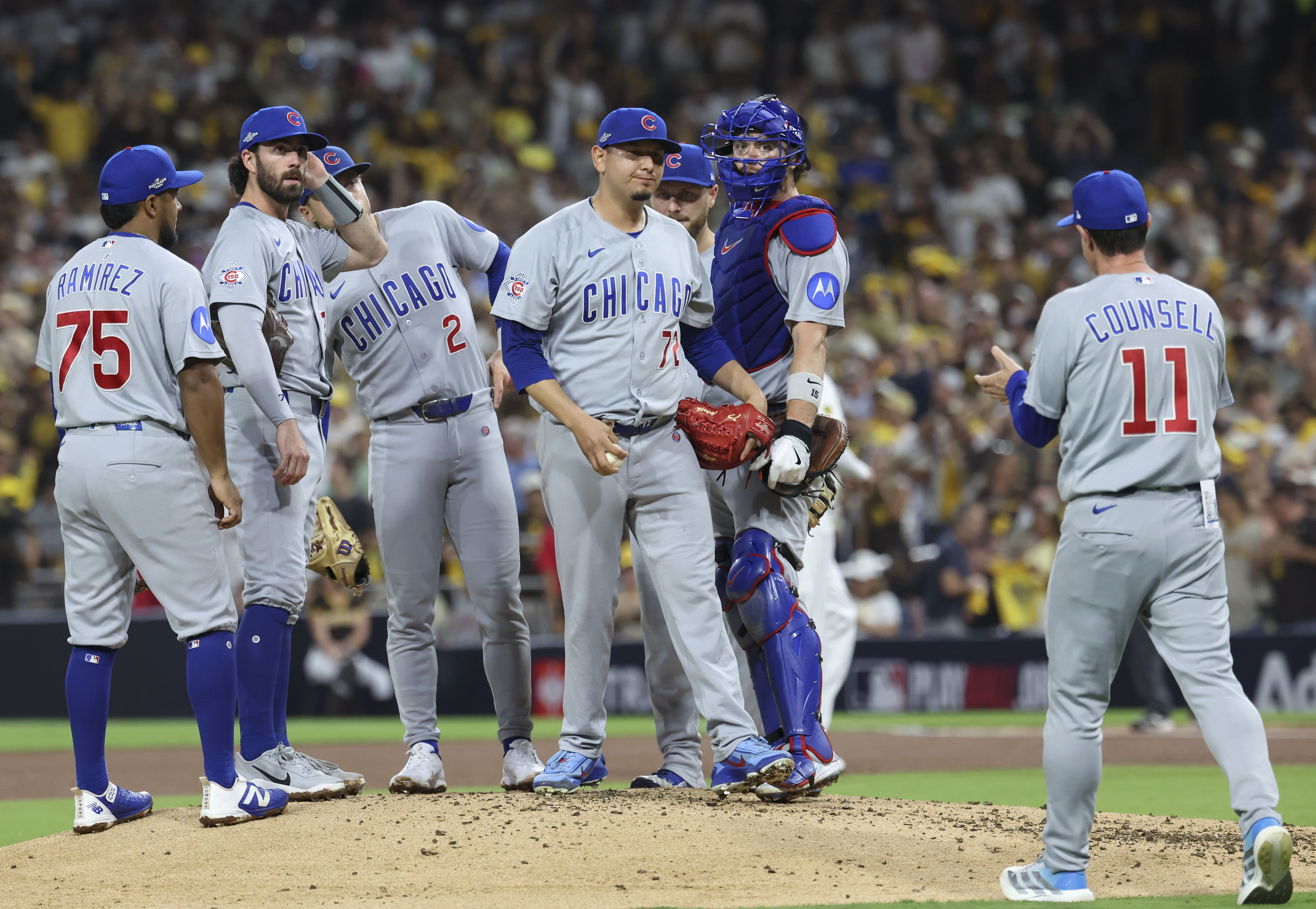 Cubs pitcher Javier Assad (72) is pulled from the game by manager Craig Counsell in the fifth inning against the Padres in Game 1 of their wild-card series on Sept. 29, 2026, in San Diego. (Brian Cassella/Chicago Tribune)