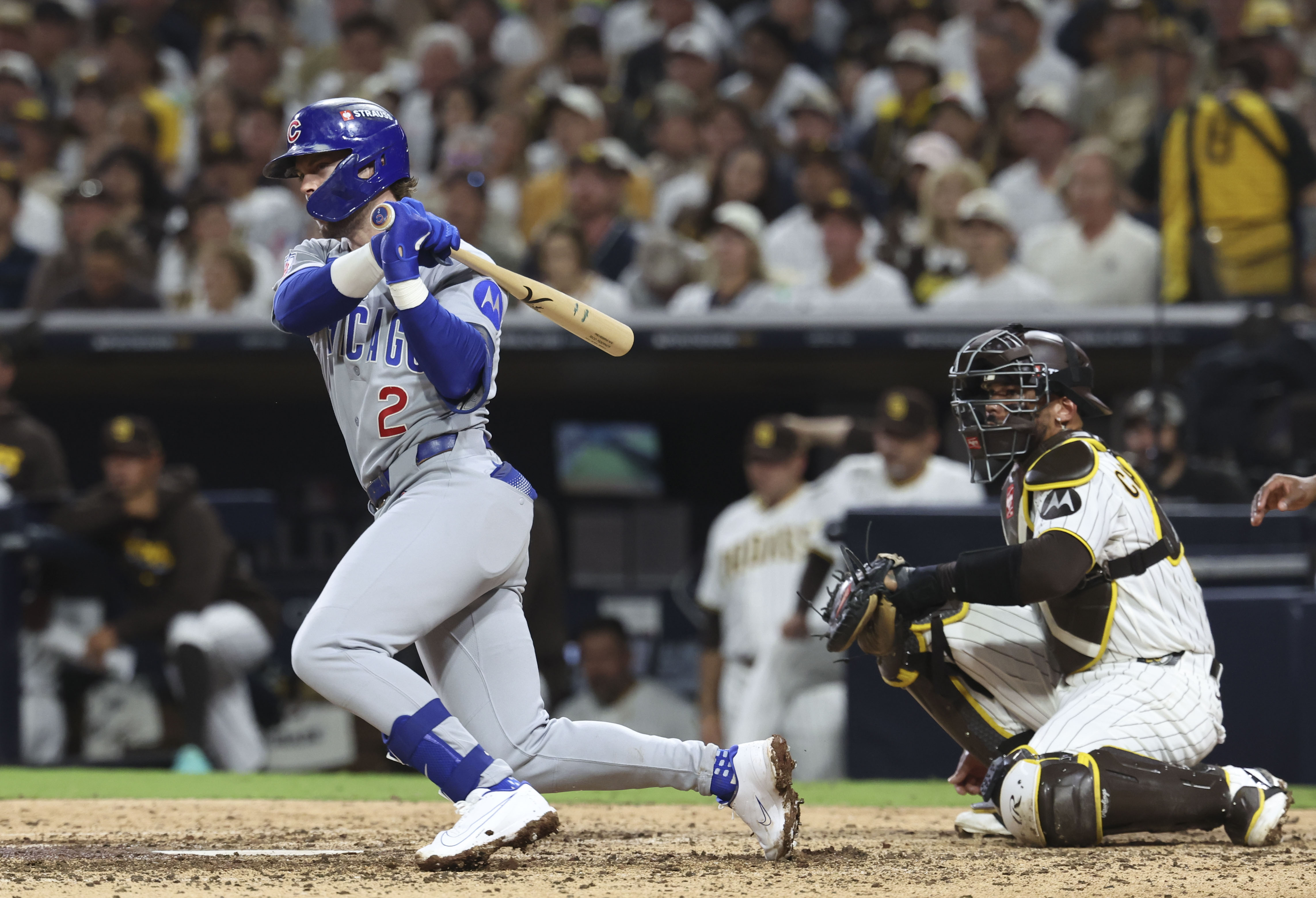 Cubs second baseman Nico Hoerner gets the team's first hit against the Padres in the seventh inning in Game 1 of their wild-card series on Sept. 29, 2026, in San Diego. (Brian Cassella/Chicago Tribune)