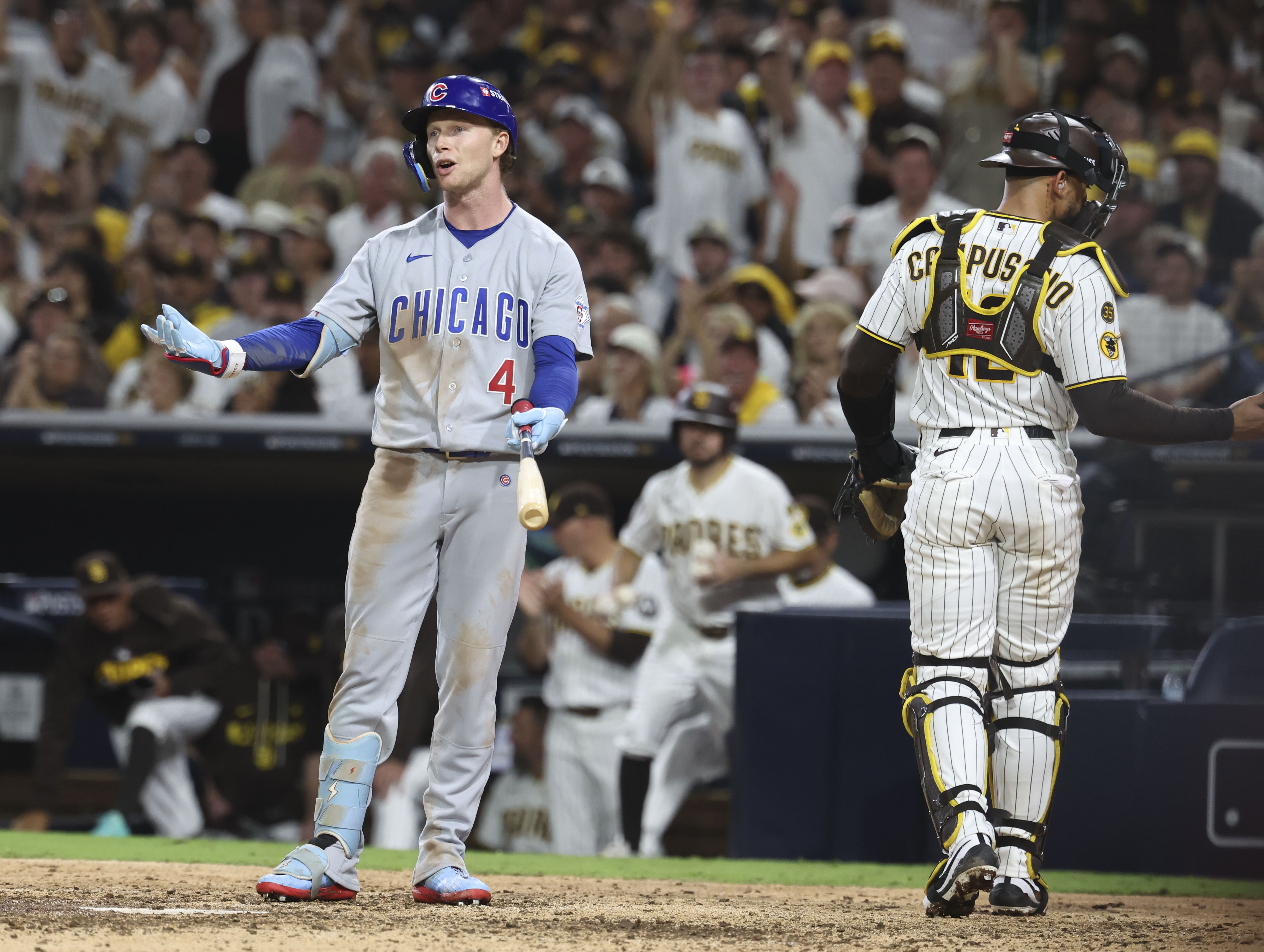 Cubs center fielder Pete Crow-Armstrong reacts to being called for a strikeout in the eighth inning against the Padres in Game 1 of their wild-card series on Sept. 29, 2026, in San Diego. (Brian Cassella/Chicago Tribune)