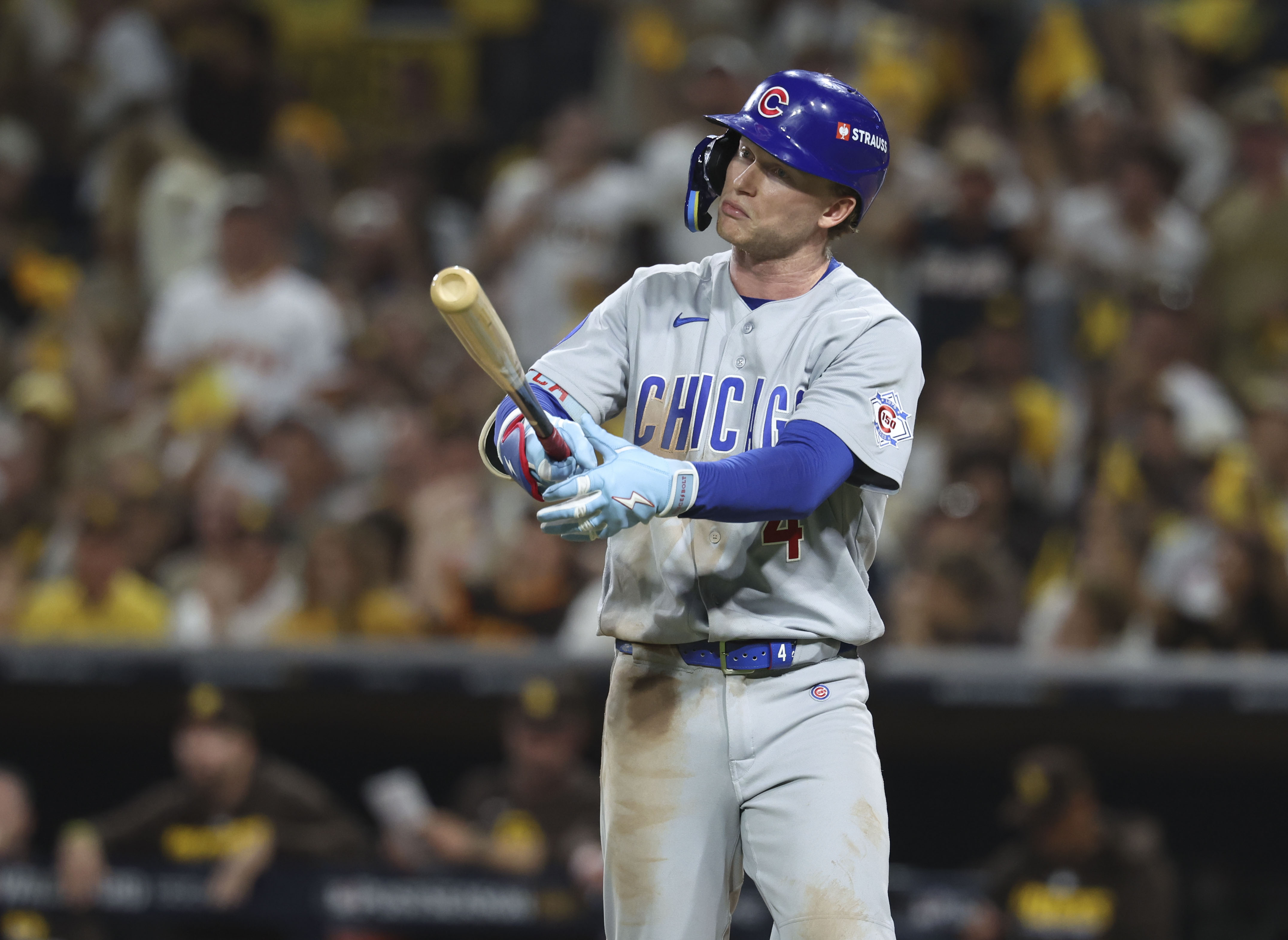 Cubs center fielder Pete Crow-Armstrong reacts to being called for a strikeout in the eighth inning against the Padres in Game 1 of their wild-card series on Sept. 29, 2026, in San Diego. (Brian Cassella/Chicago Tribune)