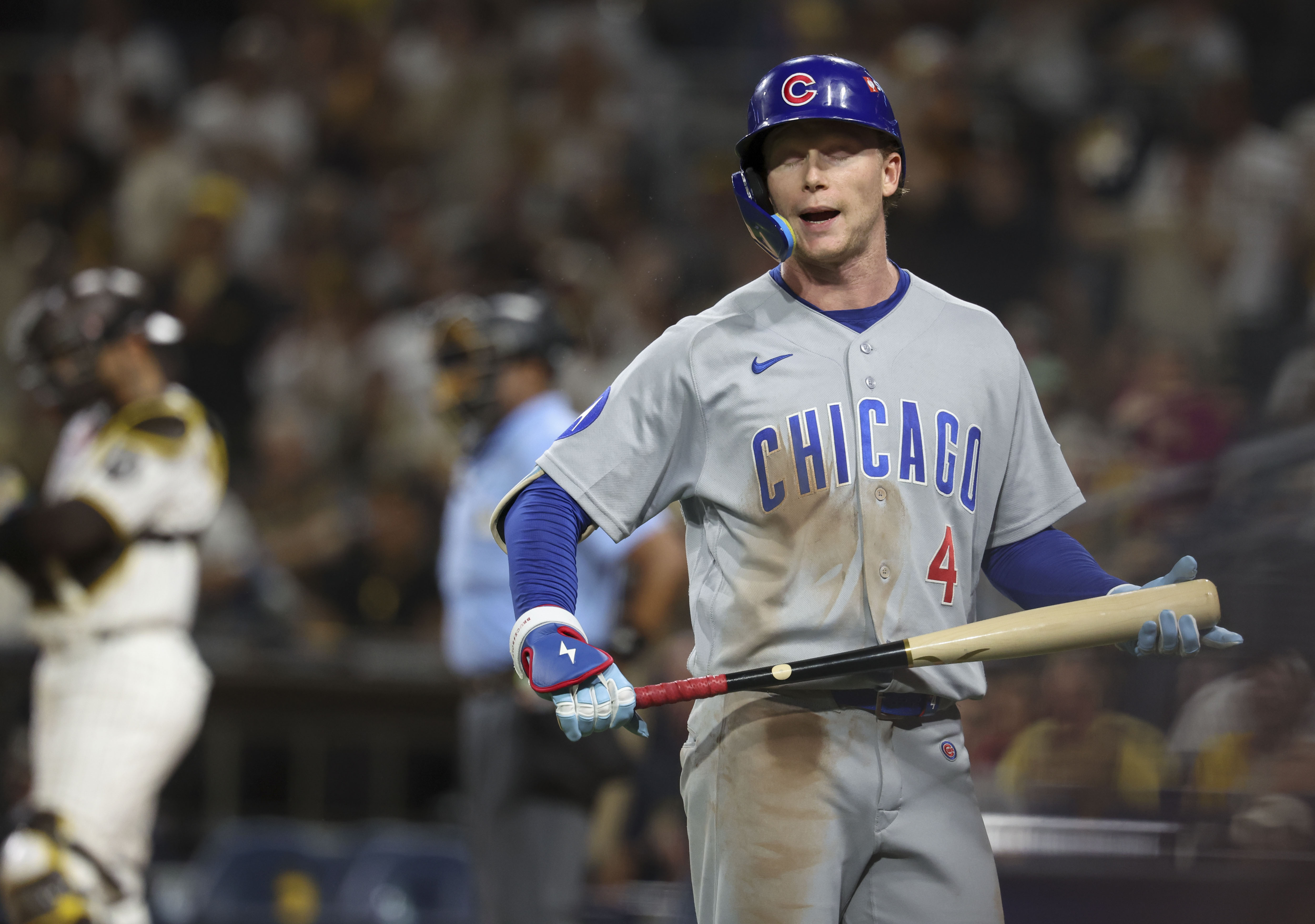 Cubs center fielder Pete Crow-Armstrong reacts to being called for a strikeout in the eighth inning against the Padres in Game 1 of their wild-card series on Sept. 29, 2026, in San Diego. (Brian Cassella/Chicago Tribune)