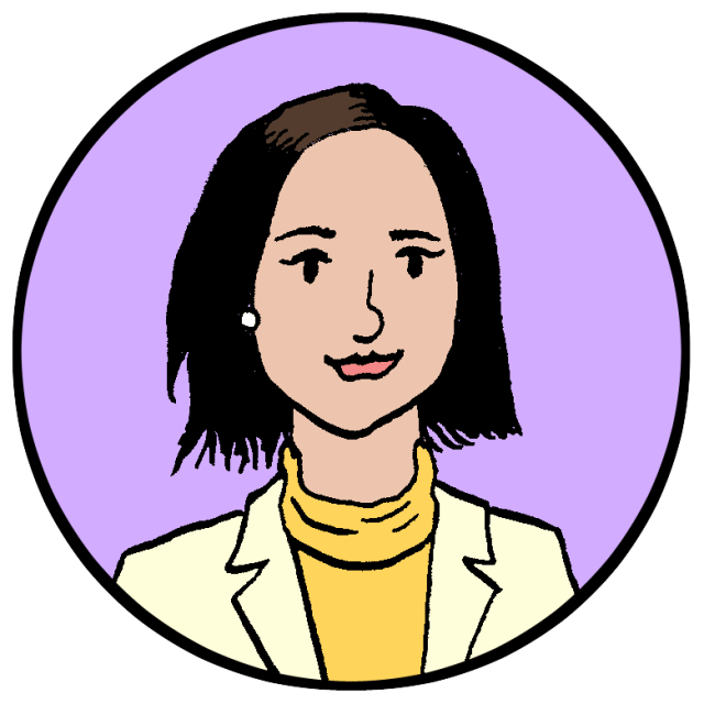 Illustration of a woman with short dark hair, wearing a white blazer over a yellow turtleneck, set against a purple background within a circular frame.