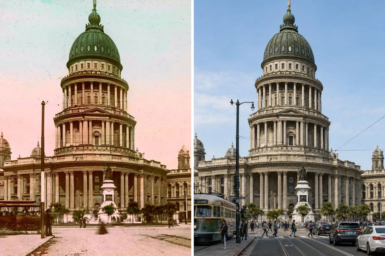 The Old City Hall in 1902 (left); a recreation of it in 2026 (right).