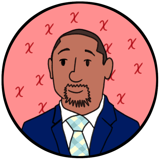 Illustration of a man with short hair and a goatee, wearing a blue suit and plaid tie, set against a pink background with red “X” marks.