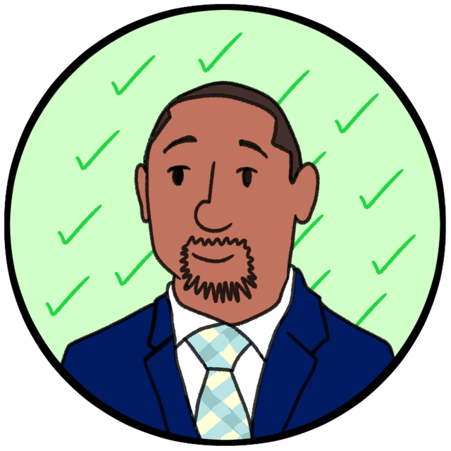 Illustration of a man with short hair and goatee wearing a blue suit and patterned tie, set against a light green background with green check marks.