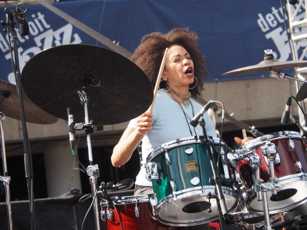 Cindy Blackman Santana performs Monday, Sept. 7 during the 47th annual Detroit Jazz Festival at Hart Plaza (Photo by Charlie Hunt)