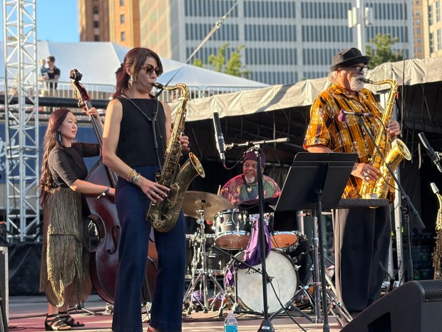 Bassist Linda May Han Oh, left, saxophonist Mellisa Aldana, drummer Jeff "Tane" Watts and Artist-in-Residence Joe Lovano pay tribute to John Coltrane's centennial on Monday, Sept. 7, at the 47th annual Detroit Jazz Festival. (Photo by Charlie Hunt)