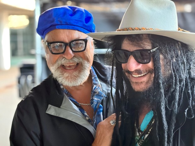 47th annual Detroit Jazz Festival Artist-in-Residence Joe Lovano, left, visits with Grammy Award-winning Oak Park native Don Was during the 47th annual Detroit Jazz Festival at Hart Plaza (Photo by Charlie Hunt)