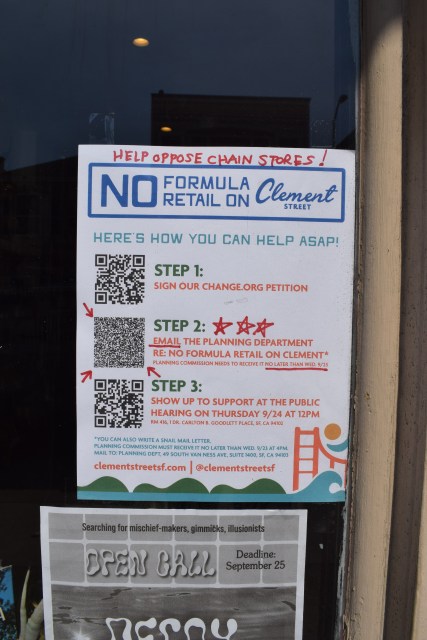 Flyer on a window urges opposition to chain stores on Clement Street, listing steps to sign a petition, email officials, and attend a public hearing, with QR codes and contact information.