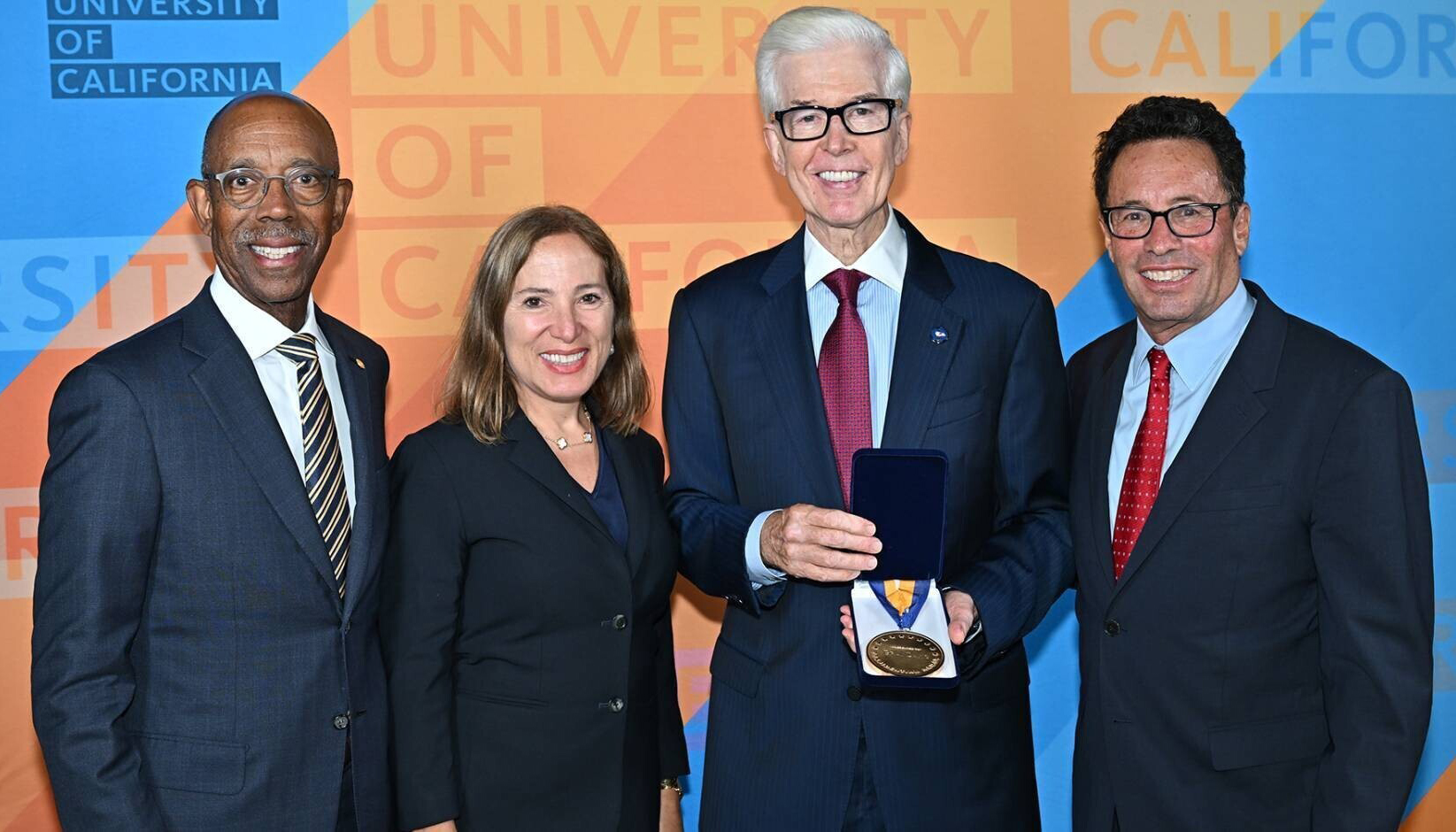 from left, then University of California President Michael. V. Drake, Lt. Gov. Eleni Kounalakis, former Gov. Gray Davis and UC Board of Regents Chair Richard Leib at an event honoring Davis.