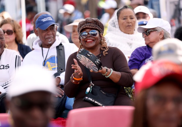 Bonnie Parker, of Oakland, plays the tambourine as the West Coast Blues Society band performs during the 23rd Annual Healthy Living Festival at the Oakland Zoo in Oakland, Calif., on Thursday, Sept. 24, 2026. (Jane Tyska/Bay Area News Group)