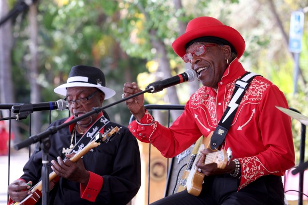 Blues guitarist Jock Shock, right, performs with Ronnie Stewart, left, and the West Coast Blues Society band during the 23rd Annual Healthy Living Festival at the Oakland Zoo in Oakland, Calif., on Thursday, Sept. 24, 2026. (Jane Tyska/Bay Area News Group)