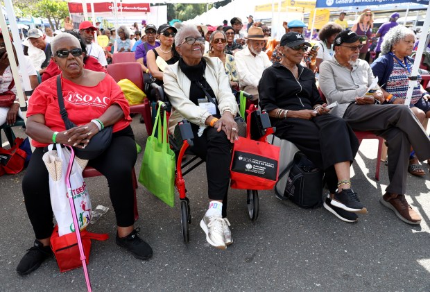 Seniors listen to the West Coast Blues Society band perform during the 23rd Annual Healthy Living Festival at the Oakland Zoo in Oakland, Calif., on Thursday, Sept. 24, 2026. (Jane Tyska/Bay Area News Group)