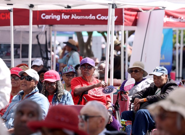 Seniors listen to the West Coast Blues Society band during the 23rd Annual Healthy Living Festival at the Oakland Zoo in Oakland, Calif., on Thursday, Sept. 24, 2026. (Jane Tyska/Bay Area News Group)