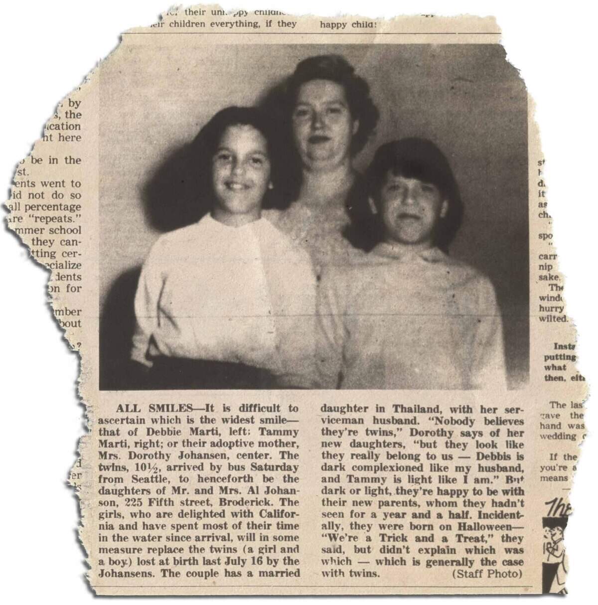 “It is difficult to ascertain which is the widest smile — that of Debbie Marti, left; Tammy Marti, right; or their adoptive mother, Mrs. Dorothy Johansen, center” reads part of a caption in a 1963 edition of the East Yolo Record, a newspaper that served what is now West Sacramento. The sisters, now 73, said no adoption ever occurred, and their stay with Johansen, who would later become serial killer Dorothea Puente, was brief.