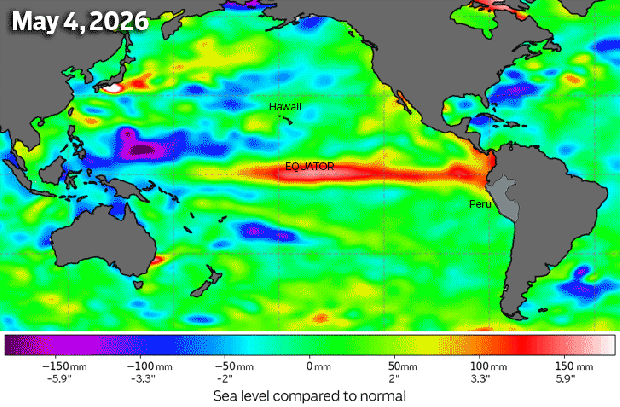 A historic El Niño has been brewing since June caused by warmer-than- normal waters in the Pacific Ocean near the equator. The phenomenon is monitored by measuring higher-than-normal sea levels. Source: NASA, Jet Propulsion Laboratory