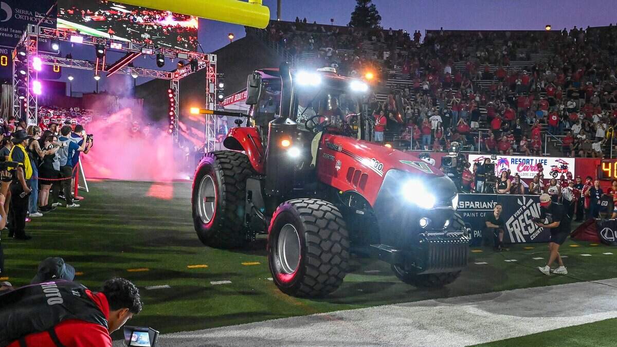 A red tractor rolls into Valley Children's Stadium as a new tradition for Fresno State games to lead the Bulldogs out onto the field. Fresno State played their first home game as a Pac-12 team against Sacramento State at Valley Children's Stadium in Fresno on Saturday, Sept. 12, 2026.