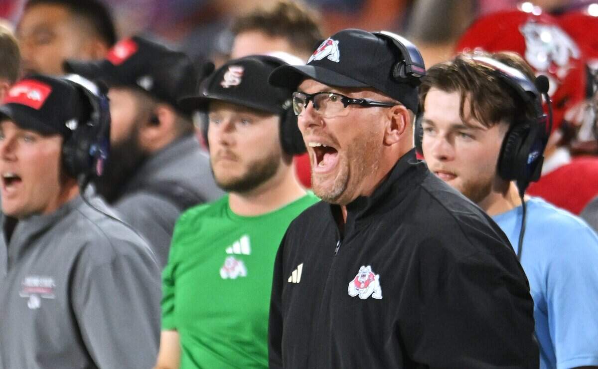 Fresno State head coach Matt Entz is seen along the sidelines in the game against Rice Saturday, Sept. 26, 2026 in Fresno. Rice led 17-14 at halftime.