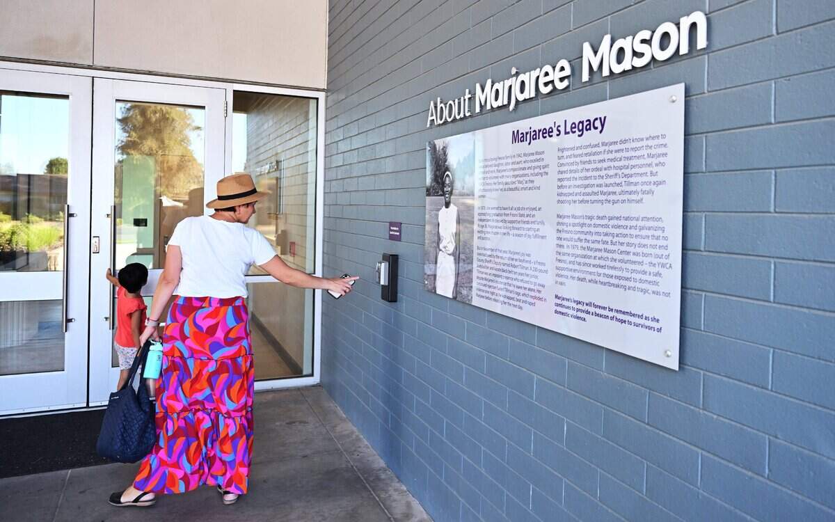 A profile of Margorie Mason is seen on the wall at the entrance to the Marjorie Mason Center, located on Bullard Ave. just west of Blackstone Ave. Friday, Sept. 11, 2026 in Fresno.
