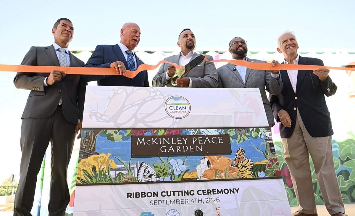 A ribbon-cutting ceremony was held for the new McKinley Peace Garden Friday morning, Sept. 4, 2026 in Fresno. Standing left to right, Assemblymember Dr. Joaquin Arambula, Fresno Mayor Jerry Dyer, Caltrans District 6 Director Michael Navarro,, Fresno councilmember Nelson Esparza and Representative Jim Costa.