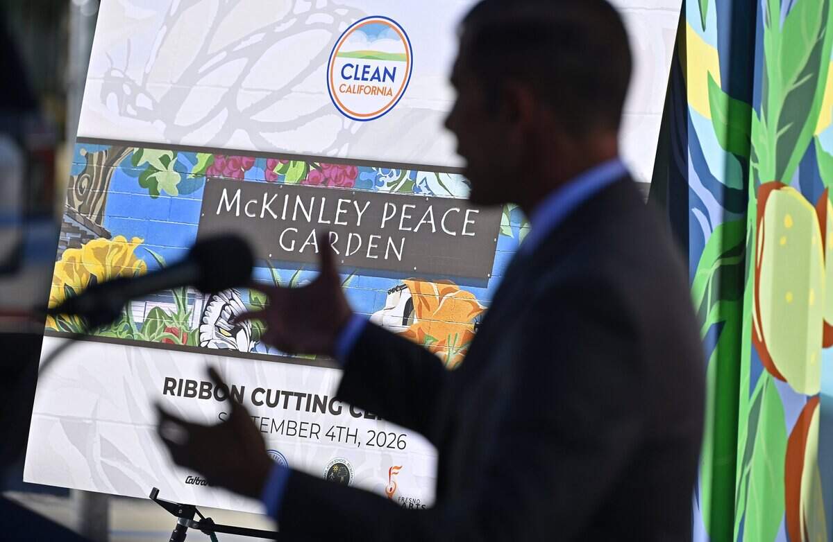 Assemblymember Dr. Joaquin Arambula speaks at the ribbon-cutting ceremony for the new McKinley Peace Garden Friday morning, Sept. 4, 2026 in Fresno. The garden, located right next to the 41 southbound on-ramp, offers both raised and ground level concrete planters.