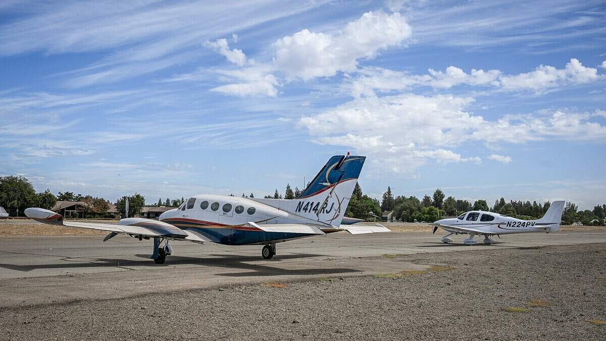 Planes sit near the airstrip at Sierra Sky Park in northwest Fresno on Tuesday, Sept. 8, 2026. The park is described as the world's first residential fly-in aviation community.