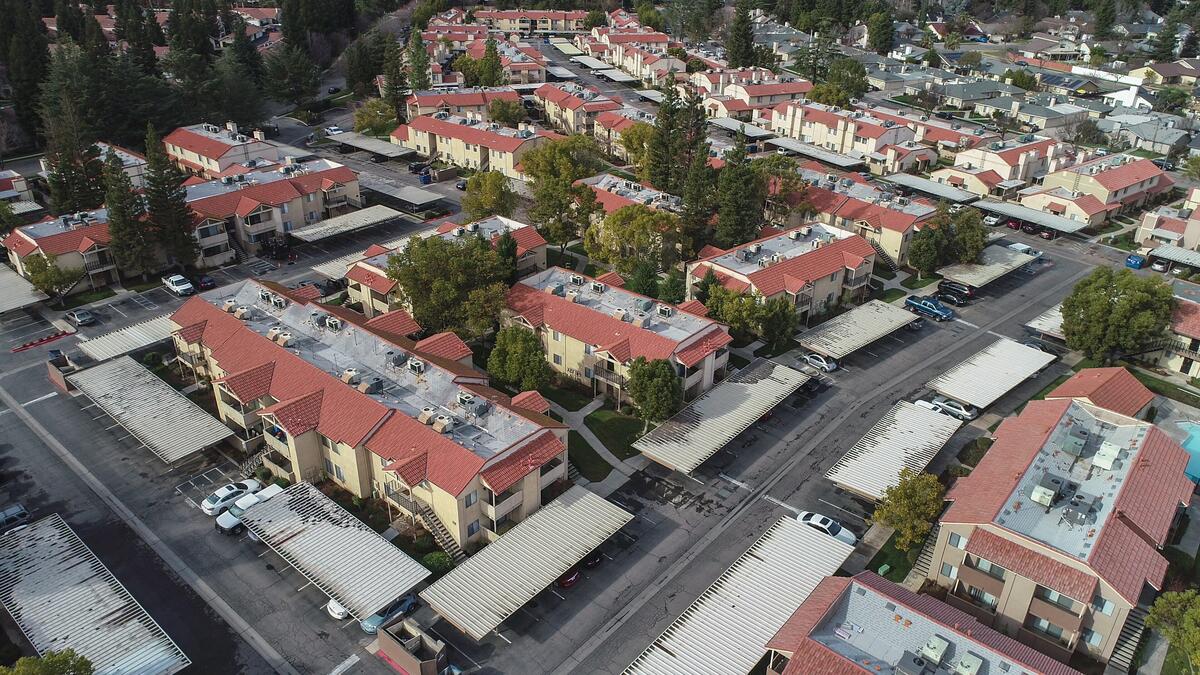 A drone image from 2020 shows a large apartment complex in north Fresno.