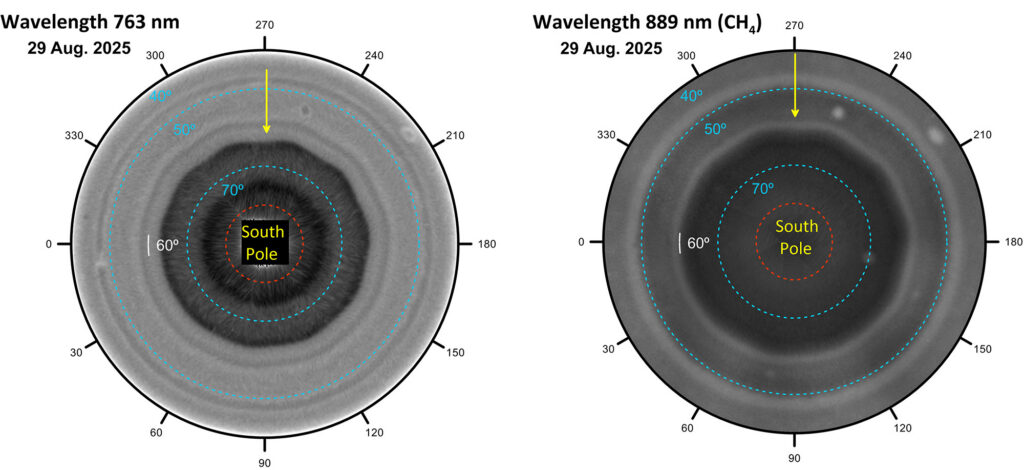 Two circular grayscale images show polar vortex rings around the South Pole at two wavelengths (763 nm and 889 nm), labeled with dashed blue circles at 40°, 50°, 60°, 70°, and a yellow arrow pointing from the top.