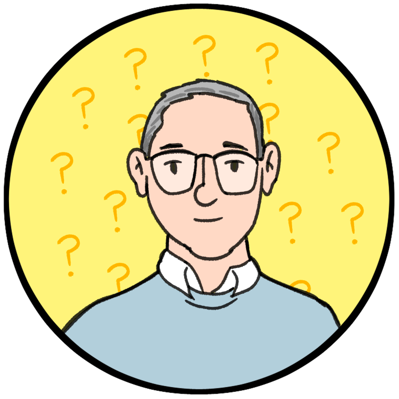 Illustration of a person with short gray hair, glasses, and a light blue sweater over a collared shirt, set against a light teal background within a circular frame.
