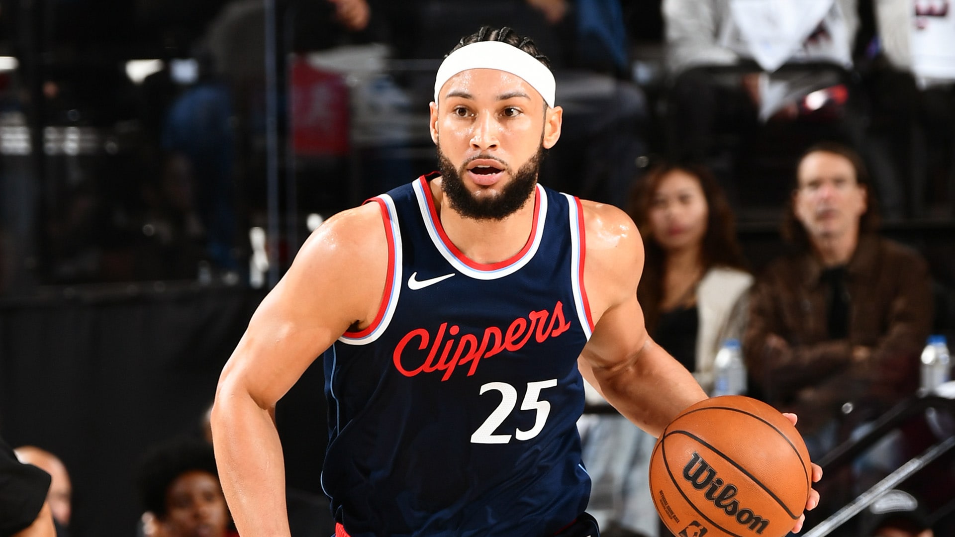 Ben Simmons #25 of the LA Clippers dribbles the ball during the game against the Denver Nuggets during Round 1 Game 3 of the 2025 NBA Playoffs on April 24, 2025 at Intuit Dome in Los Angeles, California