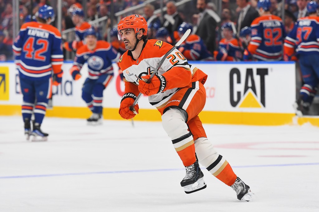 Anaheim Ducks player Rickard Rakell skates during game five against the Edmonton Oilers.