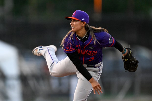 SPRINGFIELD, ILLINOIS - AUGUST 02: Kelsie Whitmore #3 of the San Francisco Firebells in action against the Boston Hunters at Robin Roberts Stadium on August 02, 2026 in Springfield, Illinois. (Photo by Zoe Davis/Getty Images)