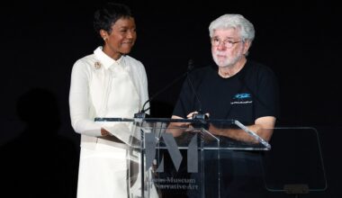 Co-founders of the Lucas Museum of Narrative Art, Mellody Hobson (L) and George Lucas speak onstage during the Lucas Museum of Narrative Art press preview in Los Angeles on September 2, 2026. The Lucas Museum of Narrative Art opens to the public on September 22, 2026.