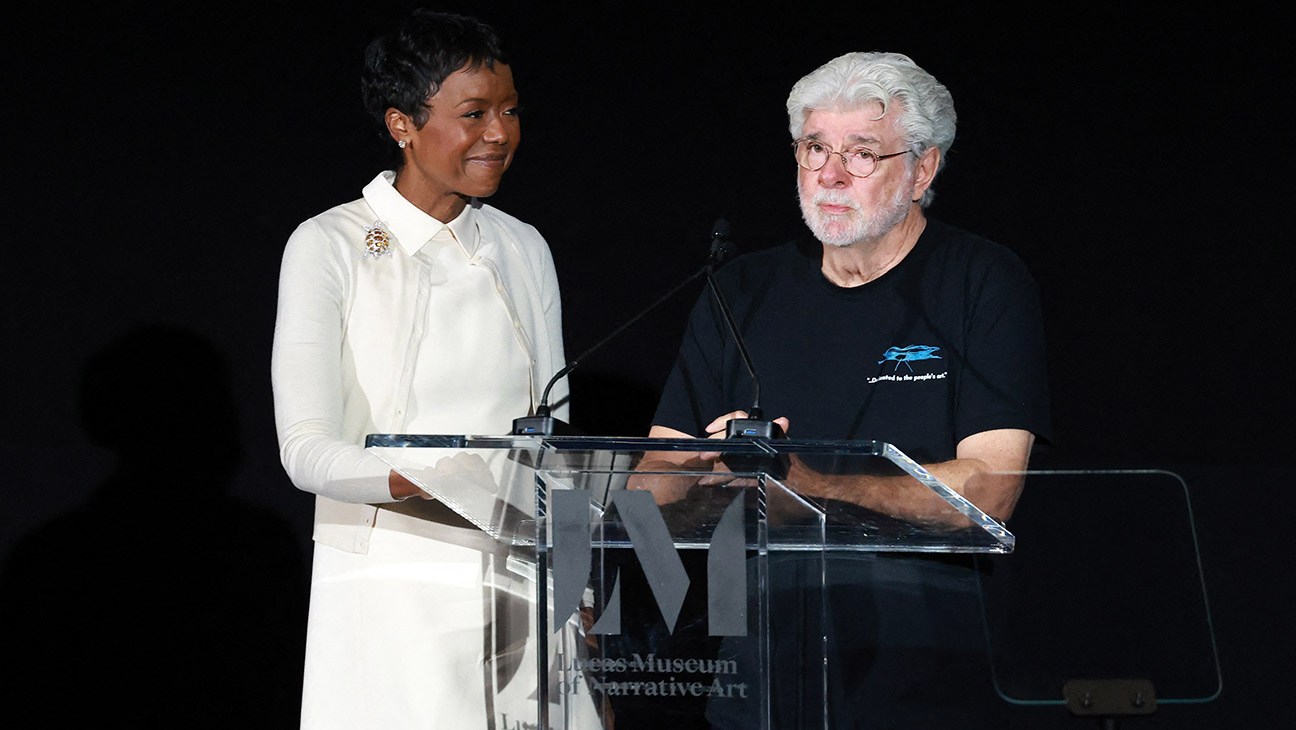 Co-founders of the Lucas Museum of Narrative Art, Mellody Hobson (L) and George Lucas speak onstage during the Lucas Museum of Narrative Art press preview in Los Angeles on September 2, 2026. The Lucas Museum of Narrative Art opens to the public on September 22, 2026.