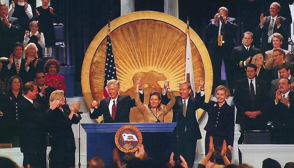 Gray Davis celebrates his inauguration as governor as a festive even in 1999.