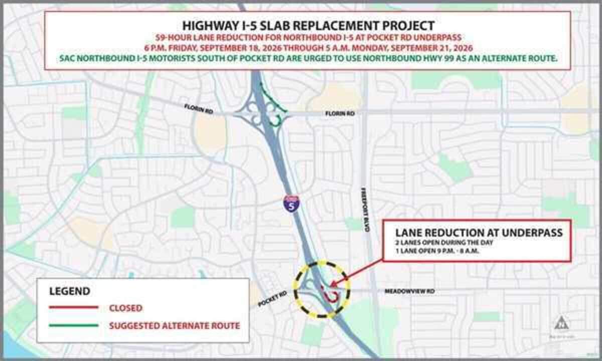 Caltrans will reduce northbound Interstate 5 to as few as one lane and close the eastbound Pocket Road on-ramp this weekend for concrete repairs.