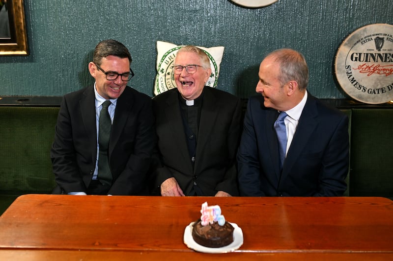 UK prime minister Andy Burnham, Canon Patrick J McNally and Taoiseach Micheál Martin at the Brian Boru Irish Club in Ashton-in-Makerfield last week. Photograph: Oli Scarff - WPA Pool/Getty 