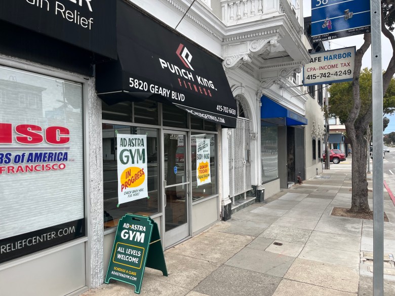 Storefronts on a city sidewalk include Punch King Fitness, Ad Astra Gym, and Safe Harbor CPA-Income Tax, with signs and a tree visible along the street.
