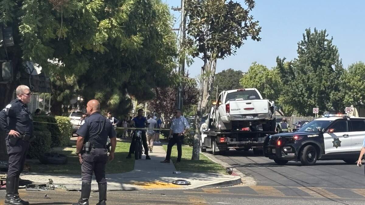 A truck owned by Poverello House struck a power pole Thursday while swerving to avoid another car, Fresno police said. A truck owned by Poverello House struck a power pole Thursday while swerving to avoid another car, Fresno police said.
