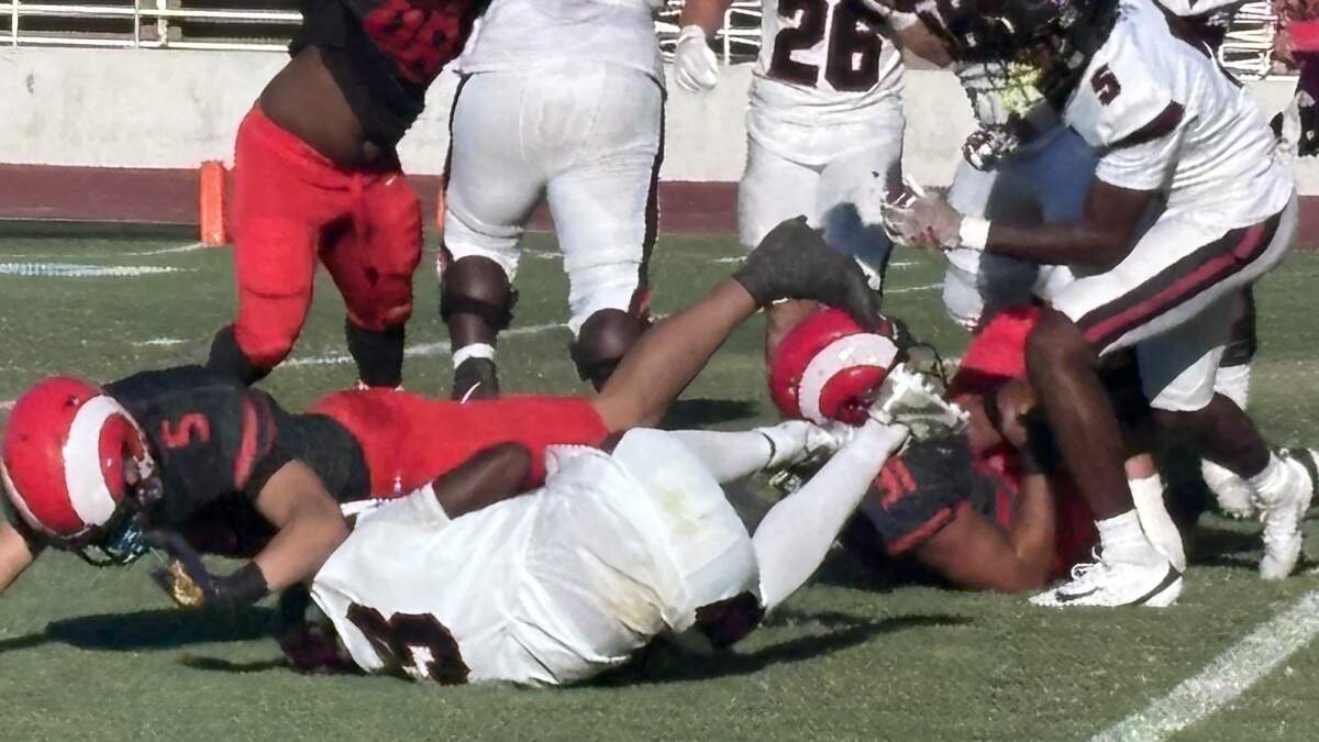 Tana Tavui makes a tackle for Fresno City College against Foothill on Saturday, Sept. 5, 2026. Tana Tavui makes a tackle for Fresno City College against Foothill on Saturday, Sept. 5, 2026.