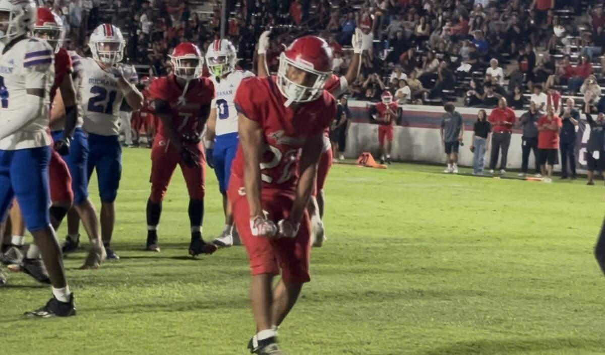Sanger’s Miguel Salazar scores a touchdown against Buchanan on Thursday, Sept. 17, 2026.