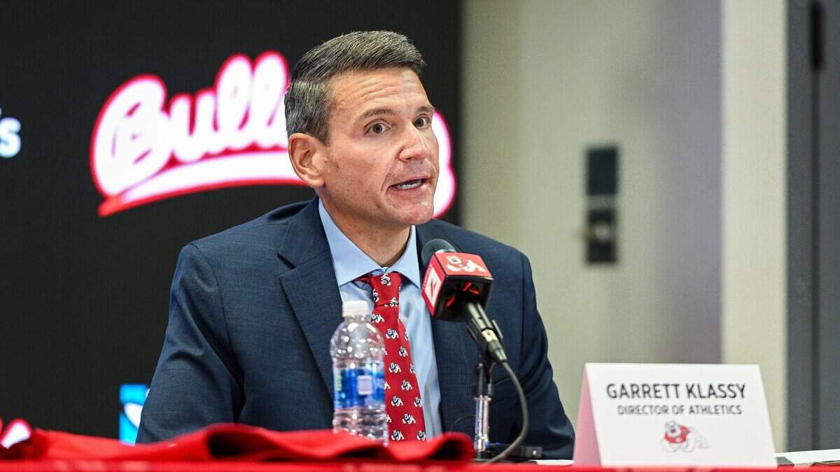 Garrett Klassy speaks to the media after he was introduced as Fresno State's athletics director during a news conference in 2024.