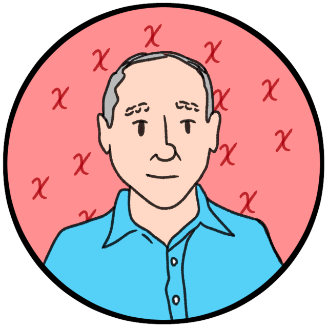 Illustration of an older man with gray hair, wearing a blue shirt, in a circular frame with a pink background marked with red Xs.