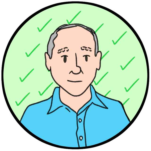 Illustration of a man with short gray hair wearing a blue collared shirt, set against a light green background with green check marks.