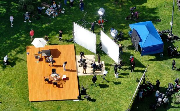 A production crew prepares for filming at Warner Center Park in Woodland Hills on Wednesday, Feb. 25, 2026. The Los Angeles City Council is expected to consider, potentially as early as March, a package of nine motions introduced in December by Councilmember Adrin Nazarian aimed at streamlining the city's film permitting process. (Photo by Dean Musgrove, Los Angeles Daily News/SCNG)